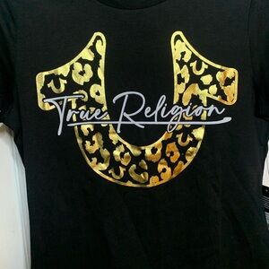 True Religion Black Tee with Gold Leopard Print